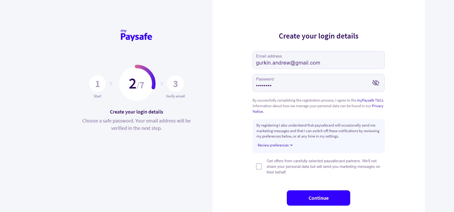 paysafecard registration step